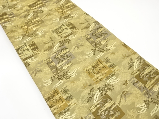 アンティーク　色紙に草花・鳳凰模様織出し丸帯（材料）